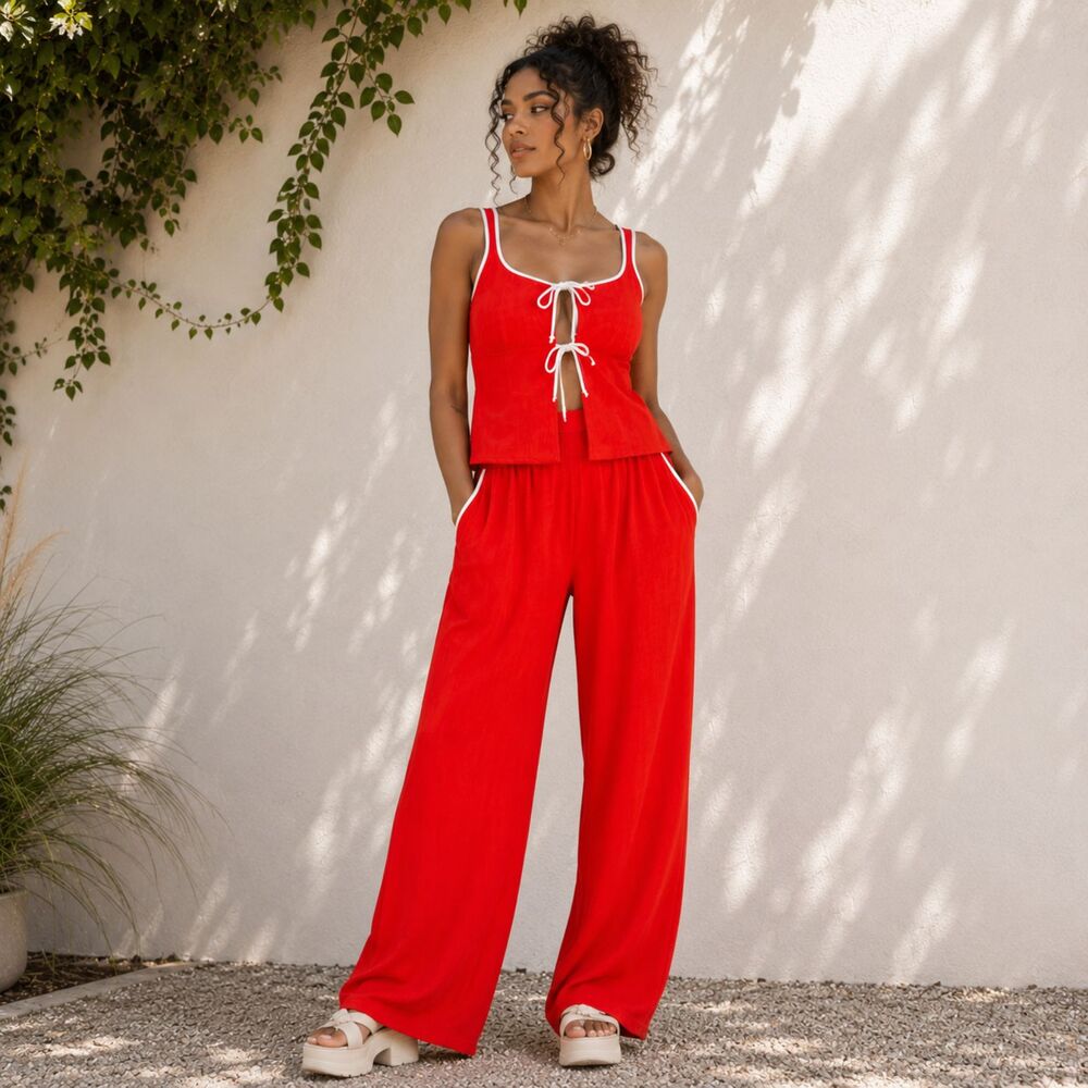Sienna Sky Red Two-Piece Set Wide Leg Pants Tie Front Tank Size L NWT